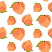 een patroon van geheel gekleurde perziken. delicaat kleuren, gedetailleerd textuur, realistisch schaduw van fruit met bladeren. illustratie in een paar. gekleurde delicaat fruit naadloos patroon vector
