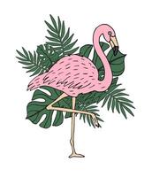 hand- getrokken roze flamingo met palm bladeren vector