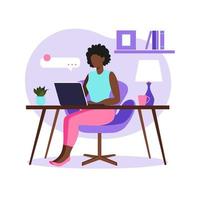 Afrikaanse vrouw zittafel met laptop. werken op een computer. freelance, online onderwijs of social media concept. freelance of studeren concept. vlakke stijl. vectorillustratie. vector