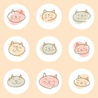 hand getrokken vector kitten stickers collectie. doodle set van negen schattige katten.