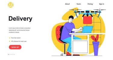 bezorgservice webbanner concept. man bestelt thuisbezorging, drone met doos die vliegt en pakket naar klant draagt, sjabloon voor bestemmingspagina. vectorillustratie met mensenscène in plat ontwerp vector