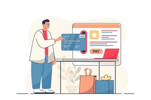 online betalingsconcept voor webbanner. man betaalt aankopen met creditcard in online bankieren met behulp van websiteformulier, moderne persoonsscène. vectorillustratie in plat cartoonontwerp met personages van mensen vector