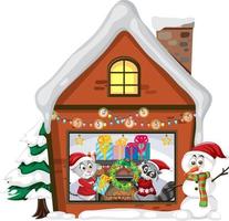 wasbeer en kat wonen in winterhuis in kerstthema vector