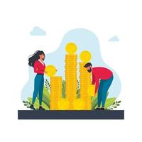 man en vrouw in de buurt van stapels gouden munten. mensen die geldconcept verzamelen en besparen. familie paar dragen enorme dollar munten. financieel succes, besparingen die geld investeren. cartoon platte vectorillustratie vector