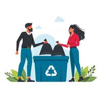 man en vrouw gooit een vuilniszak in een vuilnisbak, vuilnis recycling teken vrijwilligerswerk mensen, ecologie, milieu concept mensen gooit afval in vuilnis bin.vector. schone planeet concept vector