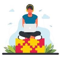 vrouw zittend op een enorm puzzelelement. bedrijfsconcept. creatieve idee-integratie, probleem- en taakoplossing in bedrijfsconcept. werkende vrouw zitten met een laptop. freelance werken op afstand vector