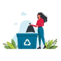 een vrouw gooit een vuilniszak in een vuilnisbak, vuilnisrecyclingteken dat vrijwilligerswerk doet, ecologie, milieuconcept. meisje gooit afval in vuilnis bin.vector afbeelding. schone planeet concept vector