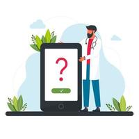 de dokter staat voor een grote telefoon. online medisch consult over ziekte. doktersafspraak. online consult. moderne gezondheidszorg technologieën concept. vector illustratie