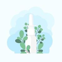 neusspray met eucalyptustakken. het gebruik van sprays om de ademhaling te vergemakkelijken tijdens allergie en ziekte. concept van geneeskunde en behandeling van rhinitis en allergieën. KNO-concept. vector