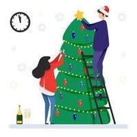 jong koppel versiert kerstboom, Nieuwjaar van stier en koe, vlakke afbeelding - feest een vakantie - Nieuwjaar, cartoon vector geïsoleerd op witte achtergrond