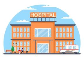 ziekenhuisgebouw voor gezondheidszorg achtergrond vectorillustratie met ambulance auto, arts, patiënt, verpleegkundigen en medische kliniek exterieur vector