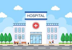 ziekenhuisgebouw voor gezondheidszorg achtergrond vectorillustratie met ambulance auto, arts, patiënt, verpleegkundigen en medische kliniek exterieur vector
