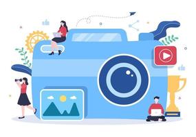 fotograaf platte ontwerp achtergrond met camera, digitale film apparatuur technologie en foto persoon in cartoon stijl vectorillustratie vector