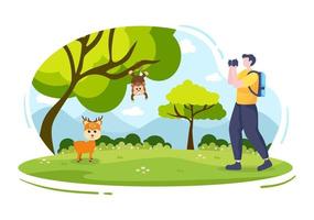 fotograaf plat ontwerp met professionele camera om apen en herten in het bos te fotograferen. cartoon stijl vectorillustratie vector