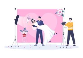 bruiloft studio foto plat ontwerp. fotograaf die modelmannen en vrouwen met een huwelijksthema of een bruidspaar fotografeert, gebruikt camera in cartoonstijl vectorillustratie