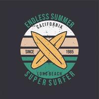 logo ontwerp eindeloze zomer Californië lange strand super surfer met surfplank vlakke afbeelding vector