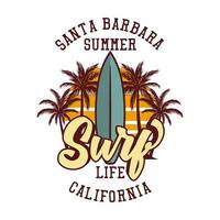 t shirt ontwerp santa barbara zomer surf leven Californië met surfplank vintage illustratie vector