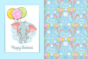 schattige babyolifant met ballon cartoon afbeelding en naadloze patroon set vector