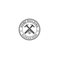 logo voor woningbouw of woningbouw met hamer en huisramen vector