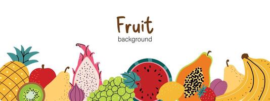 fruit achtergrond. mooi fruit en bessen. watermeloen, banaan, kiwi, ananas, Peer, citroen, avocado. gepast voeding. illustratie. horizontaal banier met geïsoleerd achtergrond. vector