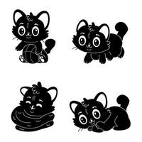 schattig grappig tekenfilm kat karakter zwart en wit silhouet vector