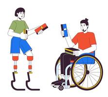 gehandicapt lezers 2d lineair tekenfilm karakters. Aziatisch vrouw met prothese poten en rolstoelgebonden Kaukasisch Mens geïsoleerd lijn mensen wit achtergrond. verscheidenheid kleur vlak plek illustratie vector