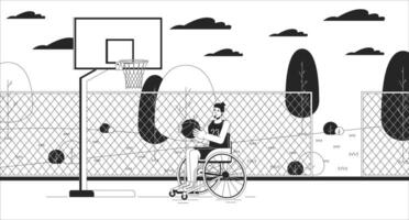 gehandicapt basketbal speler Mens zwart en wit lijn illustratie. rolstoelgebonden Kaukasisch mannetje Aan sport- grond 2d karakter monochroom achtergrond. actief levensstijl schets tafereel beeld vector