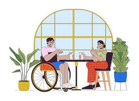 bezoek cafe met gehandicapt vriend lijn tekenfilm vlak illustratie. Arabisch Mens in rolstoel en Indisch vrouw 2d lijn kunst tekens geïsoleerd Aan wit achtergrond. avondeten tafereel kleur beeld vector