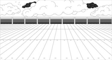 leeg houten pier zwart en wit lijn illustratie. plaats naar rust uit. stad dijk met ruim grond 2d landschap monochroom achtergrond. waterkant Aan zee kust schets tafereel beeld vector