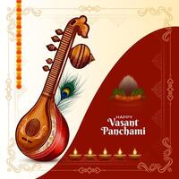 mooi gelukkig vasant panchami Indisch festival kaart met veena ontwerp vector