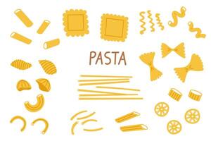 pasta tekening hand- getrokken illustratie Aan geïsoleerd achtergrond. types van tarwe meel producten in tekenfilm stijl, macaroni,fettuccine, lasagne, cavatappi, rotelle, farfalle, rigatoni. Italiaans voedsel vector