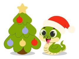 schattig groen slang in de kerstman hoed en Kerstmis boom. vrolijk Kerstmis en gelukkig nieuw jaar. vector