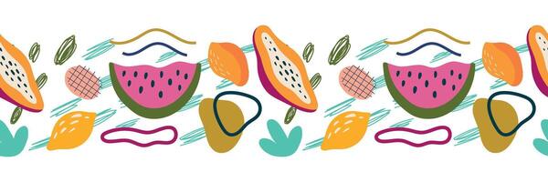 abstract fruit naadloos grens. papaja, mango, citroen en abstract elementen. illustratie voor achtergrond, kaart, poster vector