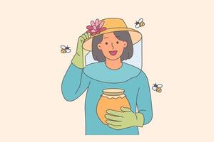 vrouw imker houdt pot van honing, staand tussen vliegend bijen, toepassingen netto en handschoenen naar beschermen huid vector