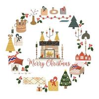 Kerst circulaire ontwerp geïsoleerd op een witte achtergrond, in het midden is open haard met de tekst merry christmas.fireplace met vuur, boom en garland. vectorillustratie voor ansichtkaart of vakantie decor. vector