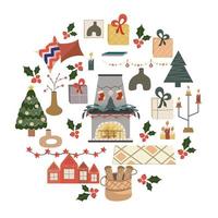 Kerst circulaire ontwerp geïsoleerd op een witte achtergrond, open haard met vuur in de center.fireplace met sokken, kerstboom en garland. vectorillustratie voor ansichtkaart of vakantie decor. vector