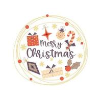 kerst ronde vintage design met vrolijk kerstfeest text.retro kleuren voor decoraties, ballen, geschenken, hulst. ronde omslagsamenstelling met sneeuwvlokken in vlakke stijl. vectorillustratie. vector