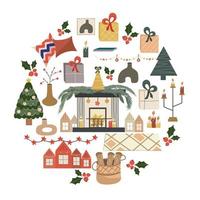 Kerst circulaire ontwerp geïsoleerd op een witte achtergrond, open haard met vuur in de center.fireplace met huizen, kerstboom en garland. vectorillustratie voor ansichtkaart of vakantie decor. vector