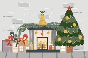 kerst baksteen loft met open haard en tree.decorated ballen vuren, open haard met kaarsen en geschenken. vectorillustratie van een feestelijk interieur vector