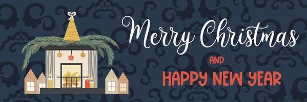 kerstbanner met tekst vrolijk kerstfeest en open haard met gifts.patterns op een donkere achtergrond, open haard met vuur, huis, sokken en boom. vectorillustratie van feestelijke verticale banner. vector