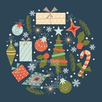 kerst ronde vintage design geïsoleerd op donkere background.retro kleuren voor kerstversiering, ballen, bomen, geschenken. ronde omslagsamenstelling met sneeuwvlokken in vlakke stijl. vector illustratie