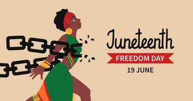 juneteenth vrijheid dag web spandoek. Afro-Amerikaans onafhankelijkheid dag achtergrond. vrouw in etnisch kleren breekt kettingen. vakantie sjabloon voor kaart, poster met belettering. vlak illustratie. vector