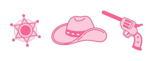 sheriff roze kern mode elementen set. veedrijfster hoed, handgeweer, sheriff kenteken. cowboy western en wild west thema bundel. hand- getrokken illustratie. vector