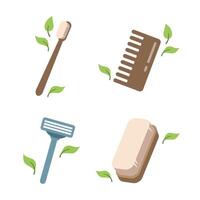 nul verspilling concept. reeks van ecologisch persoonlijk hygiëne items - houten tandenborstel, kam, borstel, scheerapparaat. illustratie in tekenfilm stijl. vlak ontwerp. geïsoleerd Aan wit vector