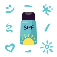 zon bescherming, zonnebrand lotion kan, fles. strand vakantie concept. vlak ontwerp, tekenfilm spf kunstmatig Product met zonnebrand room slagen. zonnescherm fles, kan. vector