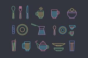 voedsel en serviesgoed reeks van pictogrammen in lijn grafiek. lepel, vork, mes, beker, bord, glas, cezve, theepot heet drank vector