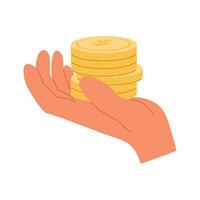 hand- met stack van goud munten. besparing geld concept. schenken naar liefdadigheid vector