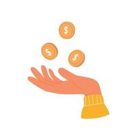 vrouw hand- met vliegend goud munten. contant geld valuta concept. besparing geld vector