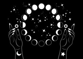 mystieke maanstanden en vrouw handen, triple maan heidense Wicca godin symbool, alchemie esoterische magische ruimte, heilig wiel maancyclus, vector geïsoleerd op zwarte achtergrond