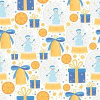 kerst sneeuwbal met sneeuwpop naadloos patroon. vectorillustratie voor uw vakantie-ontwerp. dennenboom kerstversiering met gouden bel, geschenkdoos en oranje fruit vector